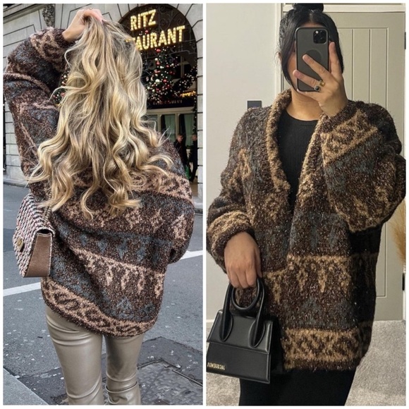 Zara Sweaters - ZARA SHORT METALLIC THREAD JACQUARD COAT CARDIGAN SZ XS-S